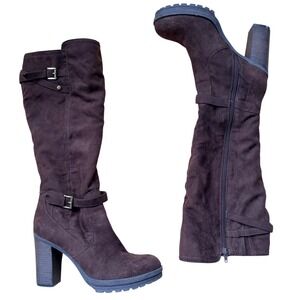 G BY GUESS Women Brown Faux Suede Knee High Boots Block Heel Buckle Accent Sz 9M